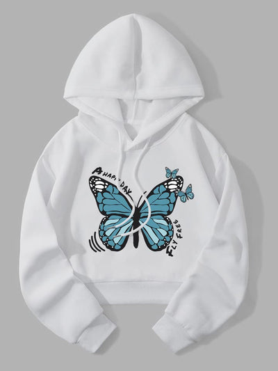 BLUE BUTTERFLY PRINT AUTUMN/WINTER WOMEN'S HOODIES